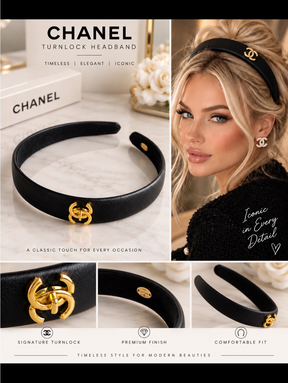 FASHION Black with gold turnlock headband